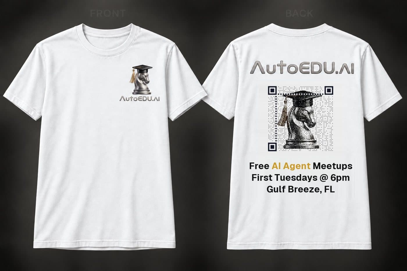 White AutoEDU meetup tee with a QR-code chess knight on the back